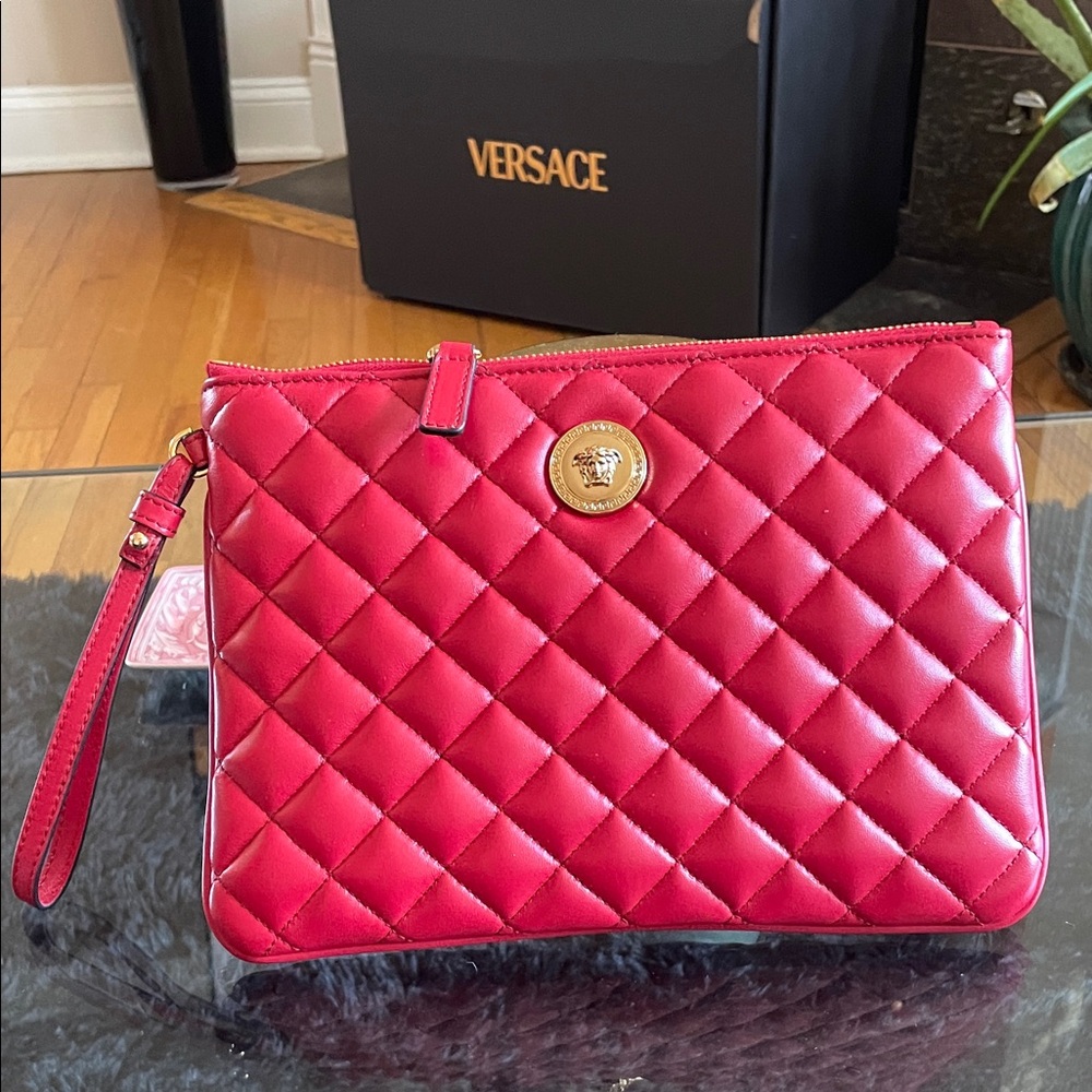 Versace Quilted Pink-Red Leather Wristlet with Gold Medusa